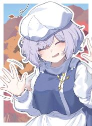 Rule 34 | 1girl, apron, closed eyes, commentary request, facing viewer, garasuno, grey hair, highres, lapel pin, leaf, letty whiterock, long sleeves, open mouth, outdoors, outline, short hair, solo, touhou, upper body, white apron, white headwear, white outline