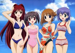 Rule 34 | 00s, 4girls, :d, ;d, ahoge, aqua eyes, arm behind back, arm up, armpits, beach, bikini, bikini shorts, black hair, blue bikini, blue eyes, blue hair, blush, breasts, brown eyes, brown hair, casual one-piece swimsuit, cleavage, clenched hands, closed mouth, cloud, cowboy shot, day, everyone, folded ponytail, groin, hair between eyes, hair ornament, hair ribbon, hairclip, hand on own head, happy, highres, hip focus, index finger raised, inoue yuuko, komaki manaka, kousaka tamaki, light smile, lineup, long hair, looking at viewer, midriff, multiple girls, narrow waist, navel, ocean, official art, one-piece swimsuit, one eye closed, open mouth, outdoors, parted bangs, pink one-piece swimsuit, red eyes, red hair, ribbon, sarong, scan, short twintails, shorts, sky, small breasts, smile, sports bikini, standing, string bikini, striped bikini, striped clothes, swimsuit, tankini, thigh gap, to heart, to heart (series), to heart 2, tonami yuma, twintails, very long hair, water, wink, yuzuhara konomi