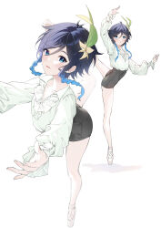 Rule 34 | 1boy, absurdres, antenna hair, ballet slippers, black hair, black shorts, blue eyes, blue hair, blush, braid, cecilia flower (genshin impact), collarbone, collared shirt, flower, full body, genshin impact, gradient hair, hair between eyes, hair flower, hair ornament, hands up, highres, kkopoli, leaf hair ornament, leg up, long sleeves, looking at viewer, looking up, male focus, multicolored hair, no headwear, open mouth, puffy long sleeves, puffy sleeves, shadow, shirt, shoes, short hair, shorts, simple background, smile, solo, standing, standing on one leg, twin braids, venti (genshin impact), white background, white footwear, white shirt, yellow flower