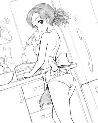 Rule 34 | 1girl, apron, ass, atomix, breasts, cake, covered erect nipples, food, greyscale, highres, icing, kitchen, kitchen knife, looking at viewer, looking back, medium breasts, mixing bowl, monochrome, nearly naked apron, no bra, oven mitts, panties, pastry bag, pen, short hair, solo, underwear