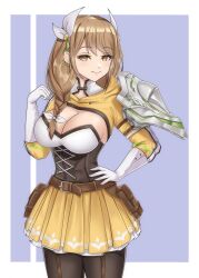 Rule 34 | 1girl, absurdres, armor, black pantyhose, braid, breasts, brown hair, cleavage, commentary, corset, cowboy shot, fire emblem, fire emblem engage, garter straps, gloves, goldmary (fire emblem), hair ribbon, hand on own hip, highres, large breasts, long hair, long sleeves, looking at viewer, miniskirt, nintendo, pantyhose, petticoat, pleated skirt, pouch, ribbon, shoulder armor, shrug (clothing), single braid, skirt, smile, solo, standing, succducc888, thighs, white gloves, white ribbon, yellow eyes, yellow skirt
