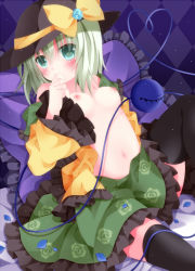 Rule 34 | 1girl, argyle, argyle background, argyle clothes, bad id, bad pixiv id, black thighhighs, blush, bow, breasts, eyeball, floral print, flower, green eyes, green hair, hand to own mouth, hat, hat bow, heart, heart of string, komeiji koishi, matching hair/eyes, mogu (au1127), navel, nipples, no bra, off shoulder, on bed, open clothes, open mouth, open shirt, petals, pillow, rose, shirt, short hair, skirt, small breasts, solo, thighhighs, third eye, touhou