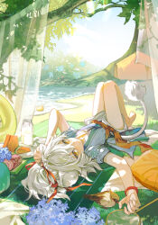 Rule 34 | 1boy, aged down, animal, animal ears, arms up, bare legs, barefoot, bird, blue kimono, bottle, bracelet, butterfly net, cake, child, closed mouth, curtains, cyotsy, dappled sunlight, day, drink, food, from above, fruit, full body, grass, hair between eyes, hand net, highres, honkai: star rail, honkai (series), innertube, japanese clothes, jewelry, jing yuan, kimono, knees up, long sleeves, looking at viewer, lying, male focus, mole, mole under eye, on back, outdoors, picnic, pillow, plate, ponytail, sash, short sleeves, shorts, smile, sunlight, swim ring, tail, tree, watermelon, watermelon slice, white hair, yellow eyes