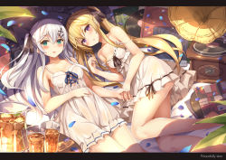 Rule 34 | 2girls, bare arms, bare legs, bare shoulders, black ribbon, blonde hair, blush, breasts, cleavage, collarbone, condensation, cross-laced clothes, dress, drink, english text, feet out of frame, frilled dress, frills, glass, green eyes, hair between eyes, hair ornament, hair ribbon, hairclip, hand on own stomach, highres, holding hands, iced tea, jug (bottle), leaf, letter, long hair, lying, mint, multiple girls, on back, on side, original, parted lips, petals, phonograph, purple eyes, ribbon, ribbon trim, sidelocks, small breasts, spaghetti strap, sparkle, strap slip, sundress, sunlight, thighs, twintails, two side up, white dress, white hair, x hair ornament, yuuki yuu