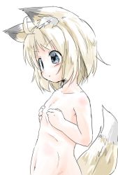 Rule 34 | 1girl, :&lt;, animal ears, bad id, bad twitter id, blonde hair, blue eyes, covering privates, covering breasts, flat chest, fox ears, fox tail, nude, original, saezuru usagi, short hair, sketch, solo, tail