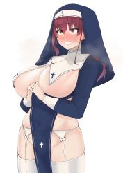 Rule 34 | 1girl, absurdres, alternate costume, breast curtains, breasts, drooling, garter belt, heavy breathing, highres, hololive, houshou marine, houshou marine (nun), huge breasts, long hair, mouth drool, no bra, nun, puzenketsu, red hair, revealing clothes, shrug (clothing), simple background, smile, solo, teeth, thighhighs, virtual youtuber, white background, white thighhighs, yellow eyes