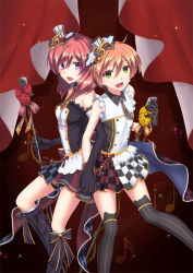 Rule 34 | 10s, 2girls, back-to-back, bare shoulders, black gloves, cafe maid (love live!), checkered clothes, checkered skirt, elbow gloves, gloves, hair between eyes, hellween, hoshizora rin, kneehighs, looking at another, looking at viewer, love live!, love live! school idol festival, love live! school idol project, microphone, microphone stand, multiple girls, musical note, nishikino maki, off shoulder, open mouth, orange hair, purple eyes, red hair, shirt, short hair, skirt, sleeveless, sleeveless shirt, socks, thighhighs, treble clef, yellow eyes