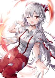 Rule 34 | 1girl, absurdres, blush, bow, breasts, choker, collared shirt, commentary, fire, fujiwara no mokou, hair between eyes, hair bow, highres, hiiro60, knees together feet apart, large breasts, long hair, looking at viewer, ofuda, ofuda on clothes, one eye closed, open mouth, outstretched arm, pants, red eyes, red pants, shirt, short sleeves, simple background, solo, suspenders, torn clothes, torn sleeves, touhou, white background, white hair, white shirt, wing collar, wrist cuffs, ||/