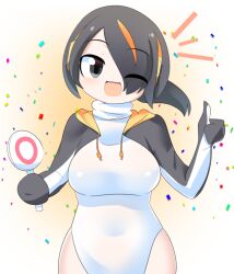 Rule 34 | 1girl, black eyes, black hair, black jacket, blush, breasts, candy, commentary request, confetti, covered navel, cowboy shot, emperor penguin (kemono friends), food, hair between eyes, hair over one eye, holding, holding candy, holding food, holding lollipop, jacket, kemono friends, large breasts, leotard, lets0020, lollipop, long bangs, looking at viewer, multicolored hair, notice lines, one eye closed, orange hair, short hair, shrug (clothing), smile, solo, thumbs up, white leotard
