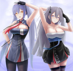 Rule 34 | 2girls, :d, archstreal, arm up, armpits, arms up, azur lane, bare shoulders, black dress, black gloves, black legwear, black ribbon, blue dress, blue eyes, blue gloves, blue hair, braid, breasts, character name, cleavage, cleavage cutout, closed mouth, clothing cutout, collarbone, collared dress, commentary, cowboy shot, dress, essex (azur lane), eyebrows hidden by hair, french braid, gloves, grey hair, hair between eyes, hair ornament, hair ribbon, hand on own hip, highres, intrepid (azur lane), large breasts, long hair, looking at another, mole, mole on breast, multiple girls, necktie, no cape, open mouth, pantyhose, partially fingerless gloves, red neckwear, ribbon, sidelocks, sleeveless, sleeveless dress, smile, standing, strap, strapless, strapless dress, thighhighs, twintails, underbust, very long hair, yellow eyes, zettai ryouiki