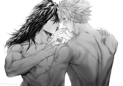 Rule 34 | 2boys, cigarette, face-to-face, fingernails, greyscale, hair down, hand up, holding, holding lighter, kimetsu no yaiba, lighter, lighting cigarette, long hair, looking at another, looking away, looking down, male focus, monochrome, mouth hold, multiple boys, muscular, muscular male, nude, profile, scar, scar on arm, scar on back, shinazugawa sanemi, short hair, simple background, smoking, tantanwindwalk, tomioka giyuu, twitter username, upper body