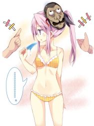 Rule 34 | ..., 1girl, alternate costume, alternate hairstyle, bikini, blush, breasts, cleavage, expressionless, groin, hata no kokoro, highres, jpeg artifacts, long hair, mask, maturiuta sorato, monkey mask, navel, open mouth, pink hair, ponytail, popsicle, purple eyes, purple hair, small breasts, solo focus, swimsuit, touhou