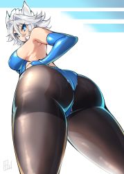 Rule 34 | 1girl, armpits, ass, bare shoulders, blue eyes, blue gloves, blue leotard, breasts, bridal gauntlets, commentary request, covered erect nipples, from behind, from below, gloves, highres, huge ass, izayoi sakuya, large breasts, latex, leotard, looking at viewer, looking back, maid, maid headdress, pantyhose, shiny clothes, shiny skin, silver hair, solo, standing, tajima yuuki, thick thighs, thighband pantyhose, thighs, touhou, wide hips