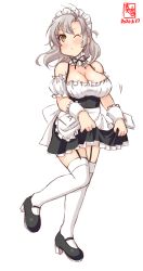 Rule 34 | 1girl, alternate costume, artist logo, black skirt, blouse, clothes lift, commentary request, dated, detached collar, detached sleeves, enmaided, frilled shirt, frills, full body, garter straps, green eyes, grey hair, hair tie, highres, kanon (kurogane knights), kantai collection, kinugasa (kancolle), kinugasa kai ni (kancolle), lifted by self, looking at viewer, maid, maid headdress, one eye closed, one side up, puckered lips, shirt, simple background, skirt, skirt lift, solo, standing, standing on one leg, suspender skirt, suspenders, thighhighs, white background, white shirt, white thighhighs
