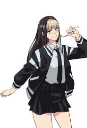 Rule 34 | 1girl, absurdres, black jacket, black necktie, black skirt, blonde hair, brown hair, cerovein, commentary, hand up, highres, hinao (kagurabachi), jacket, kagurabachi, long hair, long sleeves, multicolored hair, necktie, shirt, simple background, skirt, smile, solo, standing, two-tone hair, white background, white shirt, yellow eyes