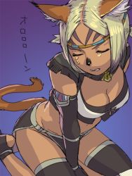 Rule 34 | 1girl, animal ear fluff, animal ears, between legs, black gloves, breasts, cat ears, cat girl, cat tail, cleavage, closed eyes, crying, dark-skinned female, dark skin, elbow gloves, final fantasy, final fantasy xi, gloves, gradient background, hand between legs, loincloth, medium breasts, mithra (ff11), no eyebrows, parted bangs, short hair, short twintails, sitting, solo, tail, tears, twintails, yuccoshi