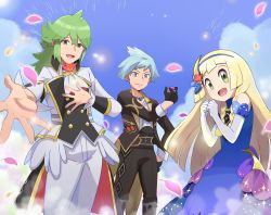 Rule 34 | 1girl, 2boys, blonde hair, blue hair, blue sky, braid, closed mouth, creatures (company), dress, elbow gloves, formal, game freak, gloves, green hair, highres, holding, holding poke ball, lillie (anniversary 2021) (pokemon), lillie (pokemon), looking at viewer, multiple boys, n (anniversary 2021) (pokemon), n (pokemon), nintendo, official alternate costume, open mouth, poke ball, pokemon, pokemon masters ex, saon101, sky, smile, steven stone, steven stone (anniversary 2021)