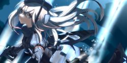Rule 34 | 10s, 1girl, blue eyes, blue gloves, bubble, cropped jacket, dutch angle, expressionless, garrison cap, gloves, hair between eyes, hat, highres, holding, kantai collection, light rays, long hair, looking at viewer, outstretched arm, puffy sleeves, silver hair, solo, tsuuhan, u-511 (kancolle), underwater