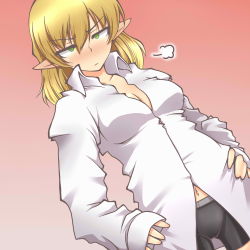 Rule 34 | 1girl, alternate costume, bike shorts, blonde hair, blouse, blush, breasts, cleavage, embarrassed, green eyes, hair between eyes, hands on own hips, highres, jitome, looking at viewer, mizuhashi parsee, morimura mizuki, navel, nose blush, pointy ears, serious, shirt, short hair, sleeves past wrists, solo, standing, touhou, white shirt
