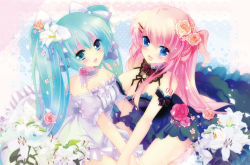 Rule 34 | 2girls, age difference, bare shoulders, black dress, blue eyes, blue hair, blush, breasts, choker, cleavage, dress, flower, hair flower, hair ornament, hair ribbon, hairclip, hatsune miku, ichiyou moka, large breasts, lily (flower), long hair, looking at viewer, megurine luka, multiple girls, off shoulder, open mouth, pink hair, red flower, red rose, ribbon, ribbon choker, rose, smile, twintails, vocaloid, white dress, yuri