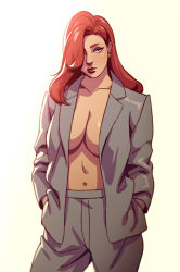 Rule 34 | 1girl, backlighting, blue eyes, breasts, cleavage, contemporary, earrings, eyeshadow, fashion, formal, green eyeshadow, hair over one eye, hands in pockets, jacket, jessica rabbit, jewelry, large breasts, lips, lipstick, long hair, makeup, navel, no bra, orange hair, pant suit, pants, rennerei, solo, suit, topless male, white background, who framed roger rabbit