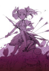 Rule 34 | 10s, 1girl, arrow (projectile), bad id, bad pixiv id, bobby socks, bow, bow (weapon), brooch, choker, frills, gloves, hair bow, highres, jewelry, kaname madoka, looking at viewer, magical girl, mahou shoujo madoka magica, mahou shoujo madoka magica (anime), monochrome, pemu, pink theme, pomon illust, short twintails, sitting, sketch, skirt, socks, solo, twintails, weapon