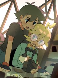 2boys :d ash_ketchum black_gloves blonde_hair blue_eyes brown_eyes clemont_(pokemon) commentary_request creatures_(company) fingerless_gloves game_freak glasses gloves highres indoors looking_down male_focus multiple_boys nintendo open_mouth pants pokemon pokemon_(anime) pokemon_xy_(anime) round_eyewear shirt short_hair short_sleeves smile suikaels sweatdrop t-shirt