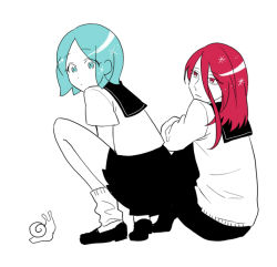 Rule 34 | 2others, alternate costume, androgynous, aqua eyes, aqua hair, artist request, cinnabar (houseki no kuni), contemporary, full body, green eyes, green hair, hair between eyes, houseki no kuni, long bangs, looking at another, multiple others, phosphophyllite, red eyes, red hair, sailor collar, school uniform, short hair, sitting, skirt, snail, sparkle, squatting, white background