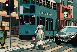 Rule 34 | 2girls, aged down, black footwear, black jacket, boots, bow, bus, car, city, closed mouth, commentary request, crosswalk, day, double-decker bus, earrings, elf, fern (sousou no frieren), frieren, full body, green eyes, hair bow, highres, holding hands, jacket, jewelry, long hair, motor vehicle, multiple girls, orange bow, outdoors, pointy ears, purple eyes, purple hair, railing, short hair, sousou no frieren, takeuchi ryousuke, thick eyebrows, traffic light, twintails, walking, white hair