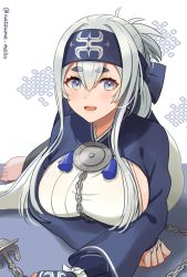 Rule 34 | 1girl, ainu, ainu clothes, anchor, bandana, blue eyes, blue hair, blue headband, breasts, cropped jacket, dress, folded ponytail, hair between eyes, headband, kamoi (kancolle), kantai collection, large breasts, lips, looking at viewer, lying, multicolored hair, natsume (natsume melio), on stomach, open mouth, pelvic curtain, sideboob, sidelocks, sleeveless, sleeveless dress, solo, thick eyebrows, thighhighs, white dress, white hair, wrist guards