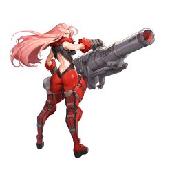 Rule 34 | 1girl, ahoge, ass, at-100 beast hunter, back cutout, butt crack, center opening, clothing cutout, full body, fur trim, game cg, gauntlets, highres, huge weapon, kakiman, last origin, long hair, looking at viewer, looking back, official art, pink hair, solo, tachi-e, transparent background, weapon, yellow eyes