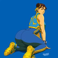 Rule 34 | 1girl, animated, ass, ass focus, ass shake, blue background, breasts, brown eyes, brown hair, capcom, chun-li, shoes, skin tight, sneakers, solo, street fighter, tagme, video