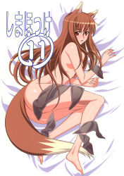 Rule 34 | 1girl, animal ears, artist request, barefoot, bed sheet, blush, brown hair, highres, holo, kuroda kazuya, long hair, lying, nude, red eyes, solo, spice and wolf, tail, wolf ears, wolf tail