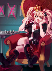 Rule 34 | 10s, 1girl, armchair, artist name, black footwear, black shirt, blouse, blue eyes, boots, bow, bra, bra peek, chair, chess piece, chessboard, choker, cross-laced footwear, crossed legs, crown, danganronpa (series), drawing (object), enoshima junko, eyelashes, fingernails, finni chang, frilled bra, frills, grin, hair ornament, head rest, indoors, lace-up boots, long fingernails, long hair, looking away, looking to the side, nail polish, necktie, no symbol, picture frame, pink hair, pleated skirt, red nails, red skirt, school uniform, shirt, shoe soles, sitting, skirt, sleeves rolled up, smile, smirk, solo, spoilers, swept bangs, twintails, underwear, wallpaper (object)