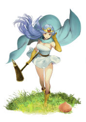 Rule 34 | 1girl, blue hair, breasts, cape, circlet, dragon quest, dragon quest iii, dress, elbow gloves, full body, gloves, highres, large breasts, long hair, panties, red eyes, sage (dq3), side-tie panties, solo, strapless, strapless dress, twinpoo, underwear, wind, yellow gloves