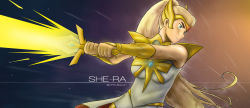 Rule 34 | 1girl, armor, attack, blonde hair, blue eyes, bracer, fantasy, glowing, glowing sword, glowing weapon, headgear, highres, long hair, masters of the universe, pauldrons, redesign, she-ra (character) (princesses of power), she-ra and the princesses of power, shoulder armor, solo, space, sword, tiara, vrtlbacon, weapon
