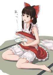 Rule 34 | 1girl, bare shoulders, barefoot, bloomers, bow, breast peek, breasts, brown eyes, brown hair, clothes lift, detached sleeves, fanning face, fanning self, frills, full body, hair bow, hair ornament, hair ribbon, hair tubes, hakurei reimu, hand fan, hot, japanese clothes, kitano (kitanosnowwhite), lifting own clothes, long sleeves, midriff, miko, navel, no bra, on floor, open mouth, paper fan, ponytail, red bow, red skirt, ribbon, shirt, shirt lift, simple background, sitting, skirt, skirt set, sleeveless, unworn sleeves, small breasts, solo, sweatdrop, tatami, text focus, touhou, translated, uchiwa, unbuttoned skirt, underwear, white background, wide sleeves, yokozuwari