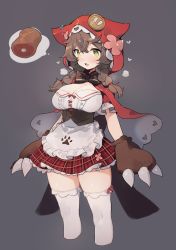 Rule 34 | 1girl, animal ears, animal hands, black background, blush, braid, breasts, brown hair, buttons, cleavage, cloak, food, green eyes, grey background, hair ornament, heavy breathing, highres, hood, hooded cloak, large breasts, looking at viewer, meat, nijisanji, open mouth, ribbon, sh (shinh), simple background, solo, thighhighs, tongue, tongue out, twin braids, virtual youtuber, warabeda meijii, warabeda meijii (1st costume), white thighhighs