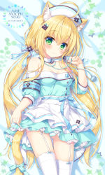 Rule 34 | 1girl, ameto yuki, animal ears, bare shoulders, blonde hair, blush, bow, breasts, cat ears, cat tail, cleavage, closed mouth, detached sleeves, dress, garter straps, green eyes, hair ribbon, hat, highres, long hair, looking at viewer, lying, medium breasts, nurse, nurse cap, on back, original, panties, ribbon, smile, solo, stethoscope, strapless, strapless dress, striped clothes, striped panties, tail, tail bow, tail ornament, thighhighs, twintails, underwear