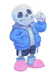 Rule 34 | 1boy, absurdres, black sclera, black shorts, blue jacket, bone, colored sclera, deltarune, drawstring, egg, full body, grin, hand in pocket, hand up, happy, highres, holding, holding egg, hood, hood down, hooded jacket, inuki (aruurara), jacket, long sleeves, looking to the side, male focus, open clothes, open jacket, pink footwear, sans (undertale), shirt, shorts, simple background, skeleton, skull, slippers, smile, socks, solo, standing, teeth, white background, white eyes, white shirt, white socks, zipper