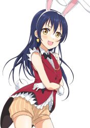 Rule 34 | 10s, 1girl, animal ears, blue hair, blush, commentary request, earrings, gloves, hair between eyes, jewelry, korekara no someday, long hair, looking at viewer, love live!, love live! school idol project, open mouth, puffy shorts, rabbit ears, shorts, simple background, sleeveless, solo, sonoda umi, standing, tetopetesone, white background, white gloves, yellow eyes