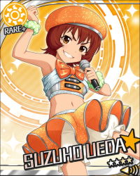 Rule 34 | 10s, 1girl, armpits, artist request, beret, bow, brown eyes, card (medium), character name, grin, hat, holding, idolmaster, idolmaster cinderella girls, looking at viewer, microphone, navel, official art, red hair, short hair, skirt, smile, solo, sun symbol, ueda suzuho