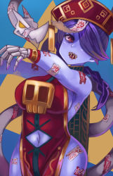 Rule 34 | 1girl, blue hair, blue skin, breasts, colored skin, hakainoika, hat, highres, jiangshi, leviathan (skullgirls), navel, navel cutout, open mouth, red eyes, sideboob, skullgirls, squigly (skullgirls), stitched mouth, stitches, yellow eyes, zombie