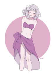 Rule 34 | 1girl, arms behind back, bare shoulders, bikini, blush, blush stickers, breasts, circle, closed eyes, collarbone, cropped legs, facing viewer, flower, grey hair, hair flower, hair ornament, highres, maco22, medium breasts, navel, open mouth, original, purple bikini, sarong, short hair, signature, simple background, smile, solo, strapless, strapless bikini, swimsuit, two-tone background, white background, white flower