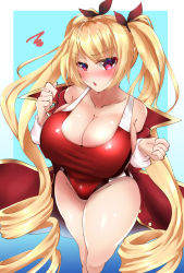 Rule 34 | 1girl, absurdres, azur lane, balut (7676i), black ribbon, blonde hair, blue background, blush, breasts, cleavage, collarbone, competition swimsuit, from above, hair between eyes, hair ribbon, highres, huge breasts, jacket, large breasts, lips, long hair, long sleeves, looking at viewer, looking up, nelson (azur lane), one-piece swimsuit, open mouth, red eyes, red jacket, red one-piece swimsuit, ribbon, solo, swimsuit, swimsuit under clothes, twintails, very long hair