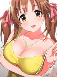 Rule 34 | 1girl, bag, bare shoulders, blush, breasts, brown hair, cleavage, collarbone, hair ribbon, heart, heart necklace, highres, idolmaster, idolmaster cinderella girls, jewelry, large breasts, long hair, looking at viewer, natsuya (natuya777), necklace, open mouth, pink ribbon, ribbon, shirt, shopping bag, simple background, smile, solo, tank top, totoki airi, twintails, white background, yellow eyes, yellow shirt