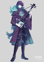 Rule 34 | 1boy, aqua hair, belt, black footwear, boots, brooch, buttons, coat, creatures (company), full body, fur (clothing), fur trim, game freak, gen 8 pokemon, green shirt, grey background, hair between eyes, hand up, highres, holding, holding instrument, humanization, instrument, japanese text, jewelry, long sleeves, looking at viewer, male focus, merlusa, multicolored hair, nintendo, off shoulder, open clothes, open coat, pale skin, parted lips, pokemon, purple coat, purple hair, ring, shamisen, shirt, short hair, sidelocks, simple background, solo, standing, tassel, teeth, thigh boots, toxtricity, toxtricity (low key), translation request, two-tone hair, yellow eyes