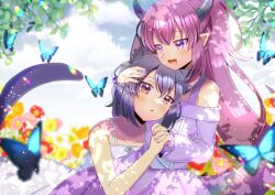 Rule 34 | 2girls, :d, animal, animal ear fluff, animal ears, black hair, brown eyes, bug, butterfly, cat ears, cat girl, cat tail, collarbone, commentary request, commission, dress, fang, flower, frilled sleeves, frills, hair between eyes, holding hands, horns, insect, kou hiyoyo, long hair, long sleeves, multiple girls, off-shoulder dress, off shoulder, open mouth, original, parted lips, pink dress, pink flower, pink hair, pointy ears, puffy long sleeves, puffy sleeves, purple eyes, red flower, short hair, skeb commission, sleeveless, sleeveless dress, sleeves past wrists, smile, tail, very long hair, white dress, white flower, yellow flower, yuri