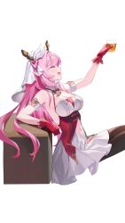 Rule 34 | 1girl, alternate costume, antlers, armpits, bare shoulders, breasts, cleavage, cup, elysia (honkai impact), glass, gloves, highres, holding, holding cup, honkai (series), honkai impact 3rd, horns, large breasts, lilithmy, long hair, navel, open mouth, pink hair, pointy ears, red gloves, reindeer antlers, sideboob, simple background, smile, solo, white background