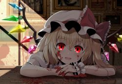 Rule 34 | 1girl, :d, blonde hair, blood, blood on clothes, blood on face, blood on hands, blurry, blurry background, blush, bow, commentary request, crystal, day, flandre scarlet, frilled bow, frilled shirt collar, frills, hair between eyes, hat, hat bow, indoors, light rays, looking at viewer, medium hair, mob cap, one side up, open mouth, painting (object), puffy short sleeves, puffy sleeves, red bow, red eyes, shadow, shirt, short sleeves, smile, solo, sunlight, touhou, white hat, white shirt, window shadow, wings, wrist cuffs, yuuka nonoko